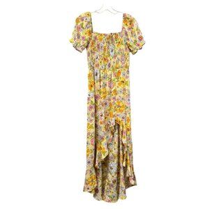 Crystal Doll Hi Low Smocked Short Puff Sleeve Dress Yellow/Multi Floral Small